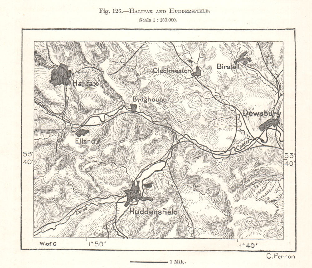 Halifax Huddersfield Dewsbury. Yorkshire. Sketch map 1885 old antique